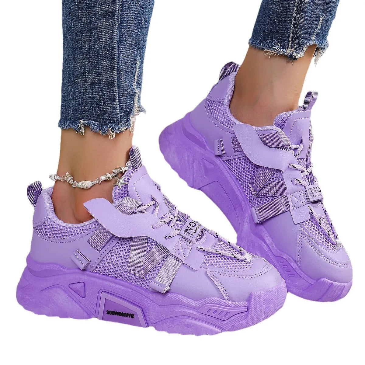 Women's platform mesh dad sneakers in various colours on a white background.