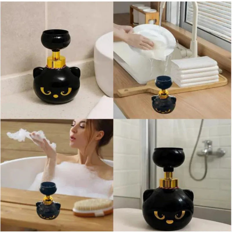 Black plastic cartoon cat foam soap dispenser measuring 10cm by 18cm