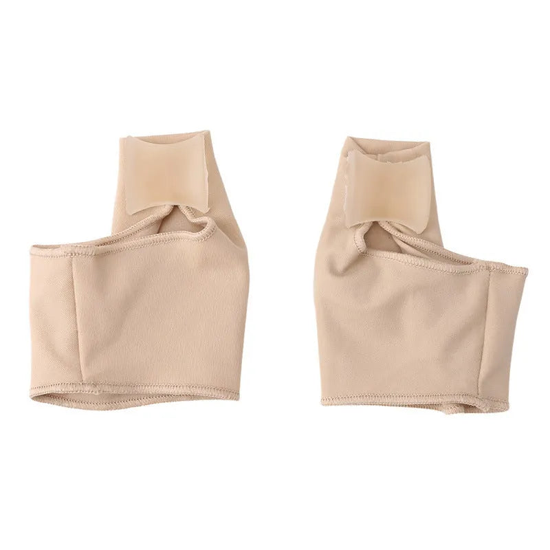 A pair of stretch fabric bunion socks with a soft gel pad and silicone toe separator in sizes small, medium, and large.