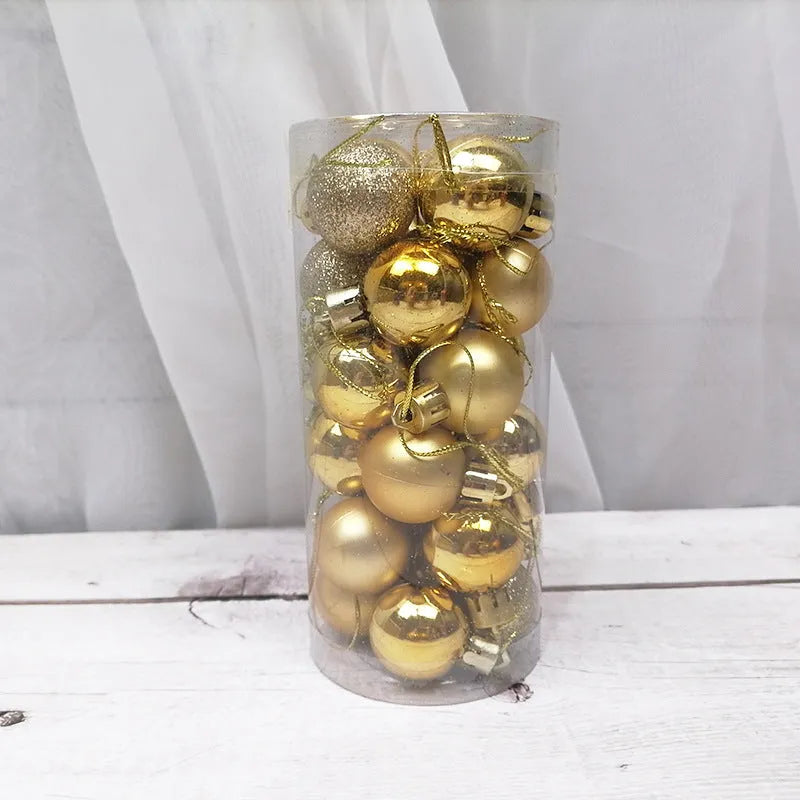 Assortment of shiny matte finish 3cm Christmas ball ornaments in gold, red, silver, and blue colours.