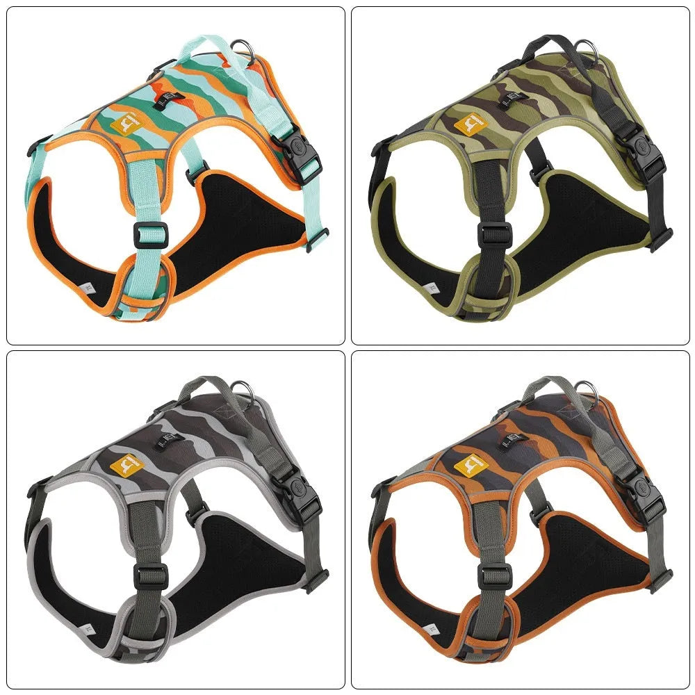Orange reflective dog harness and leash combination for commuter safety, shown with size options.
