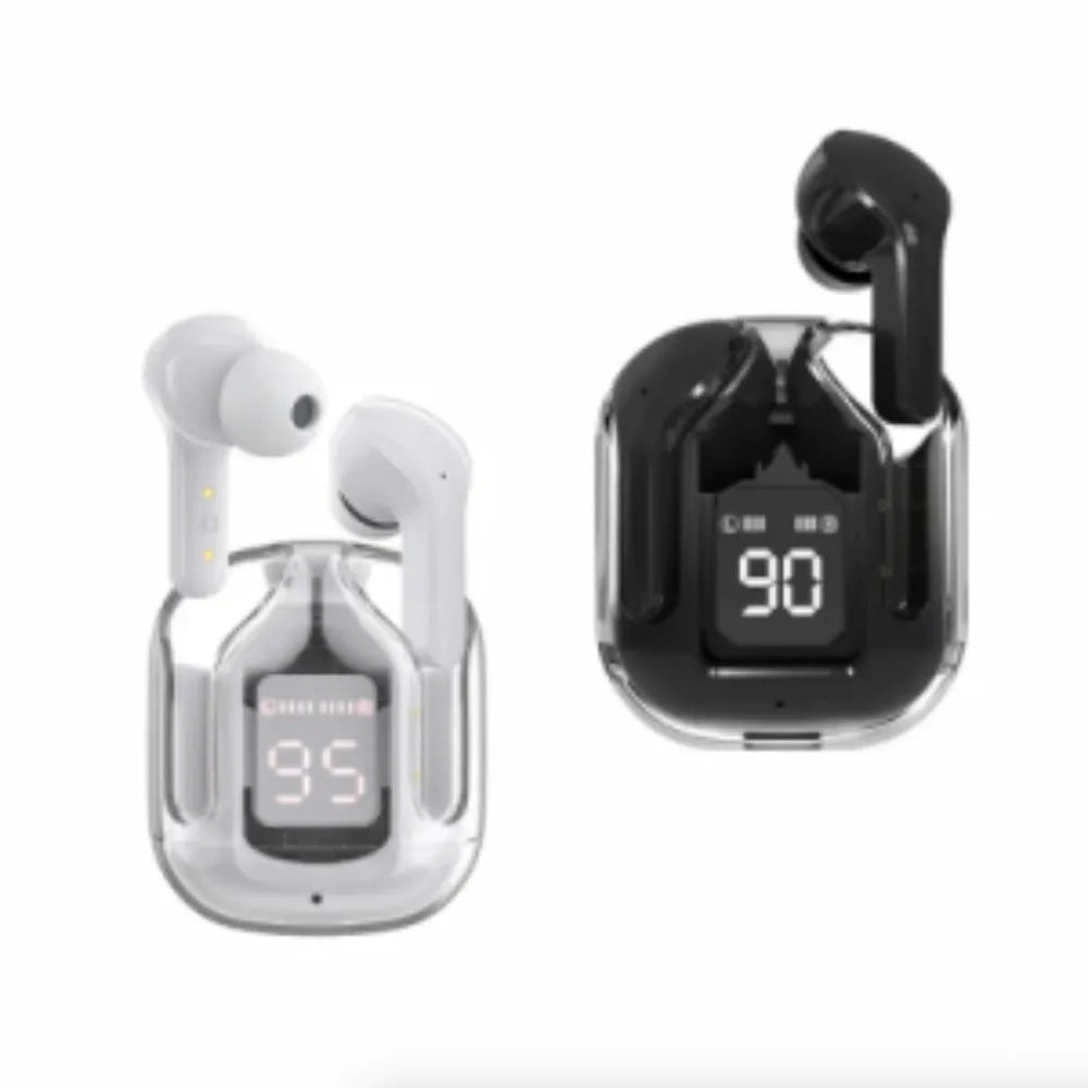 Transparent space capsule case true wireless Bluetooth earphones with digital display screen in multiple colours