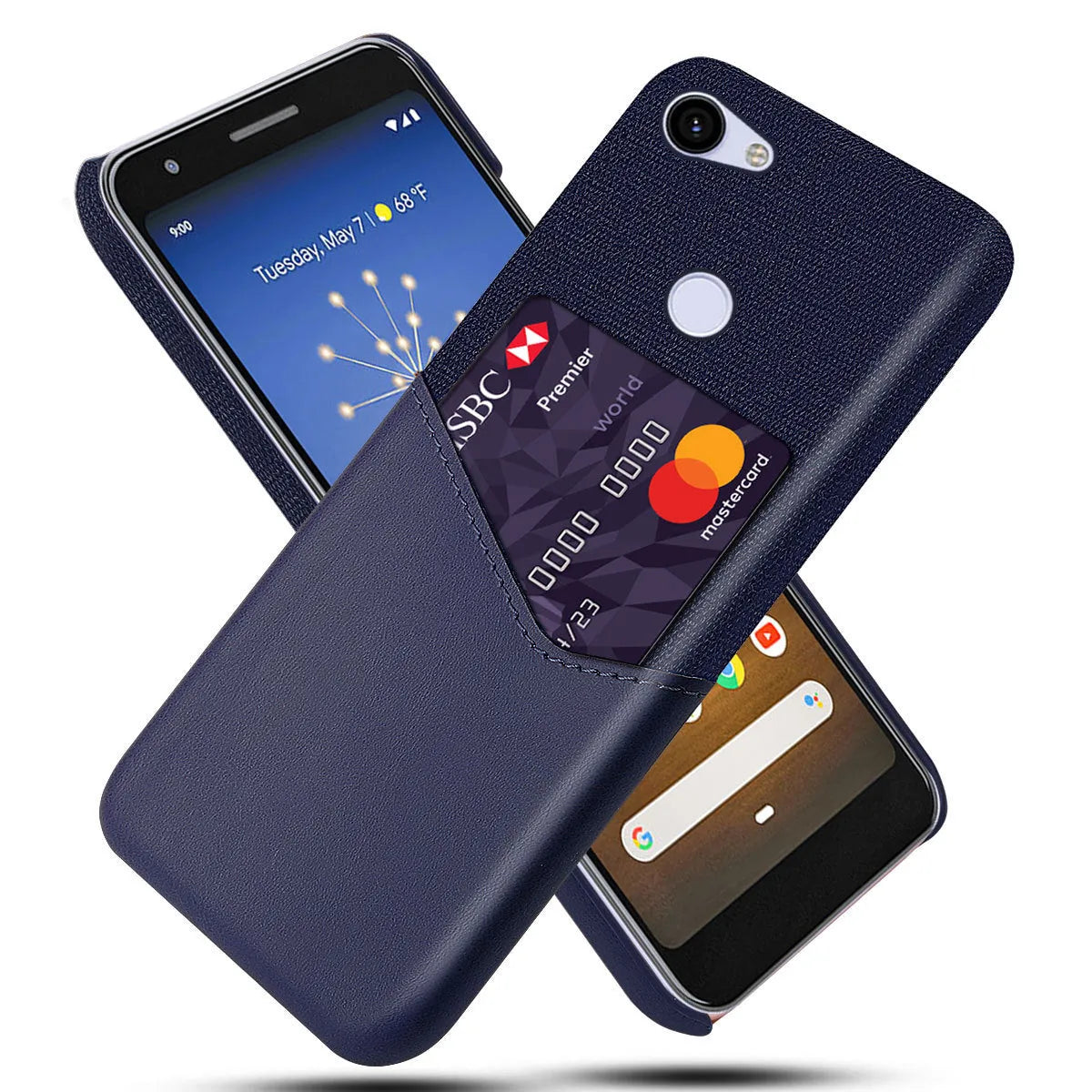 A solid-colour leather back cover case for a Google Pixel smartphone on a table.