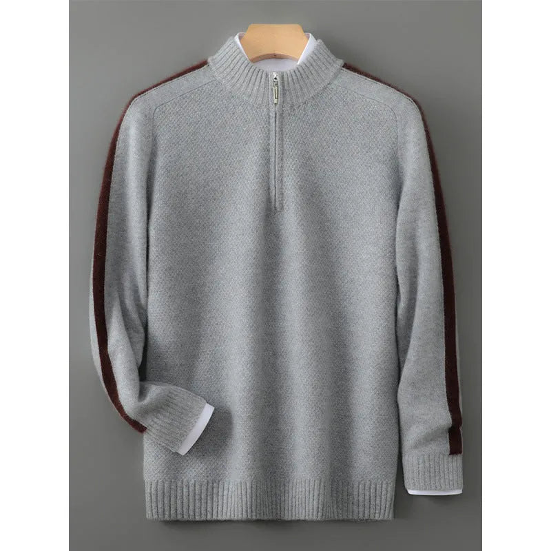 Slim fit half-zip wool knitted sweater in grey shown on a model.