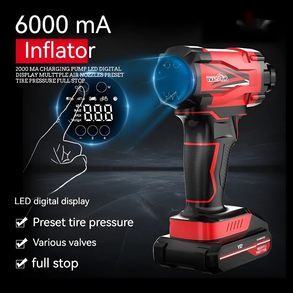 Red and black portable car tyre inflator unit with power cable and nozzles for tyres, balls and swimming rings