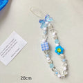 Beaded flower mobile phone lanyard with floral designs in yellow, blue, and pink colour options