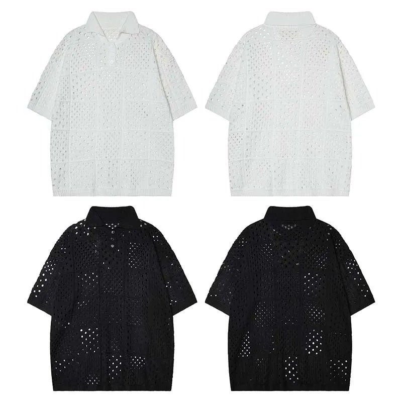 Solid black loose-fit knitted short-sleeved polo shirt for teenagers on a hanger.