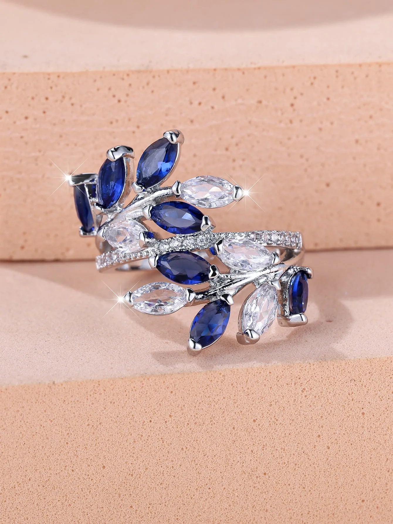 Adjustable horse eye zircon leaf fashion ring in copper with multiple colour options