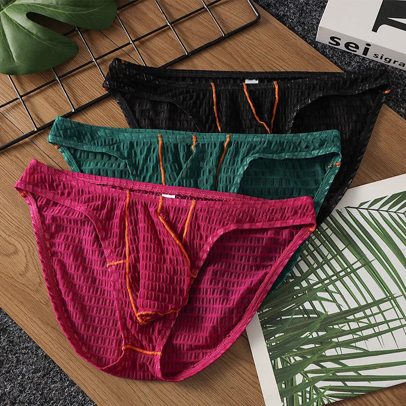 Men's ice silk lace briefs in low waist design showing solid colour options