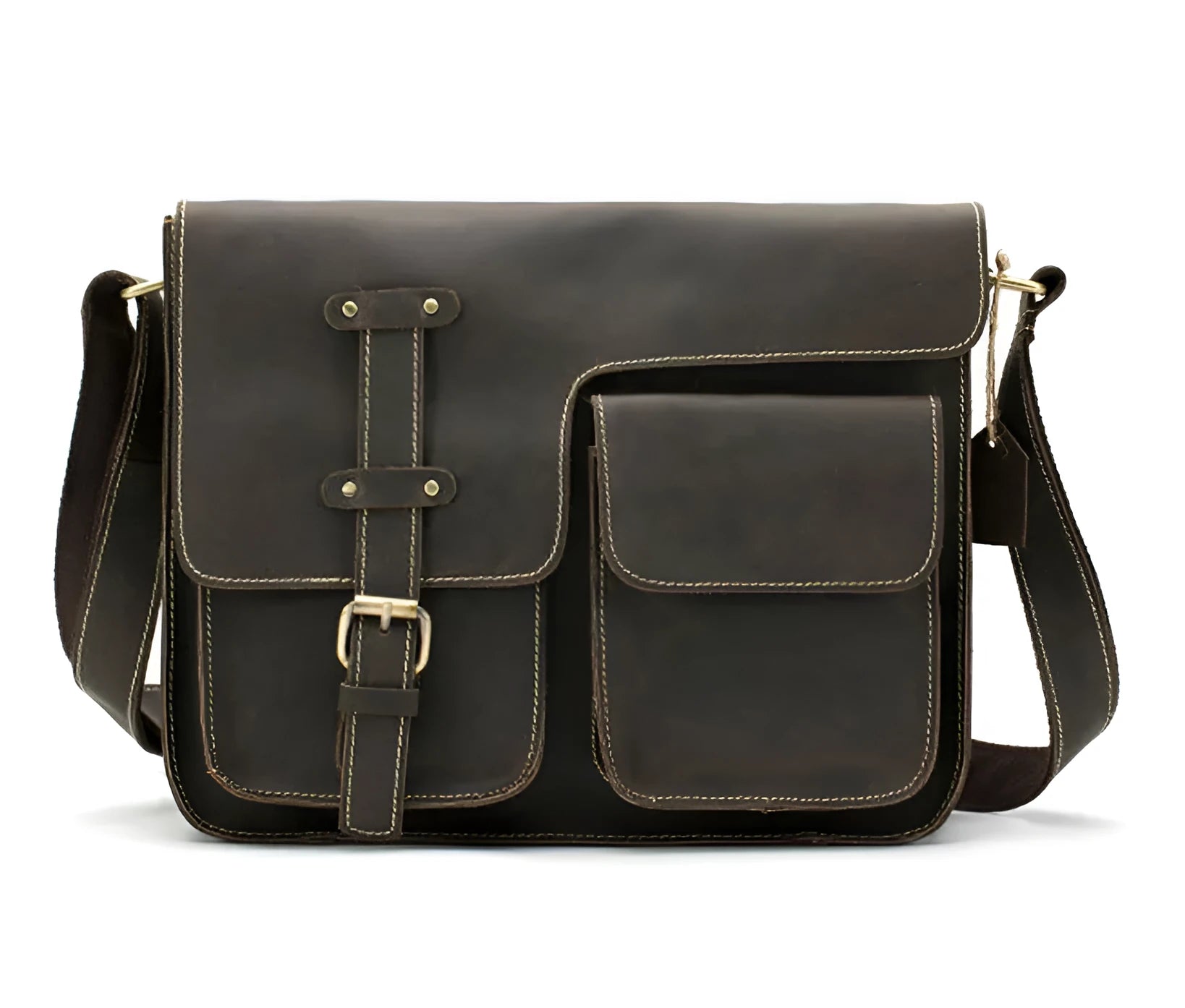 Brown leather vintage messenger bag with flap closure, antique buckle, and adjustable crossbody strap.