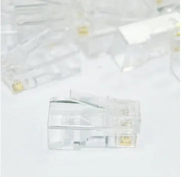 White RJ45 network modular plug with gold-plated three-fork contacts in bulk packaging