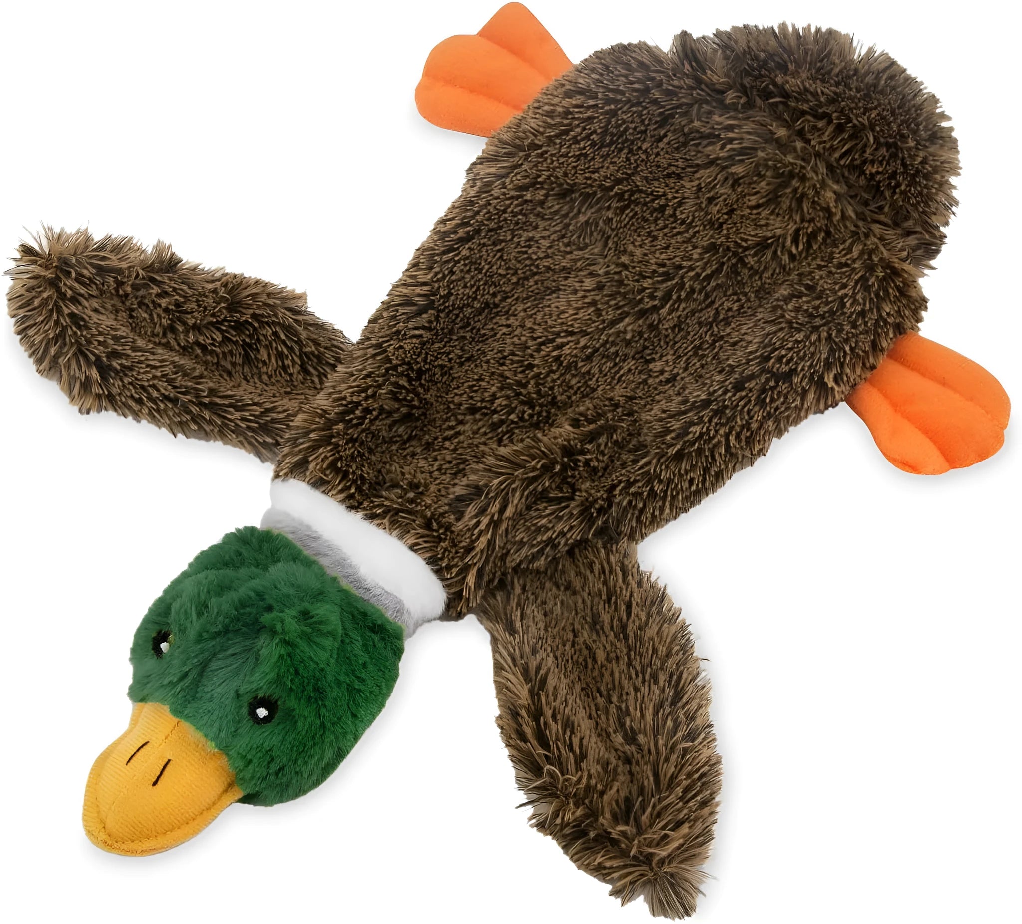 Green 1Wild Duck stuffless dog toy with squeakers and a bottom opening for a bottle.