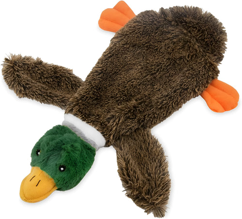 Green 1Wild Duck stuffless dog toy with squeakers and a bottom opening for a bottle.