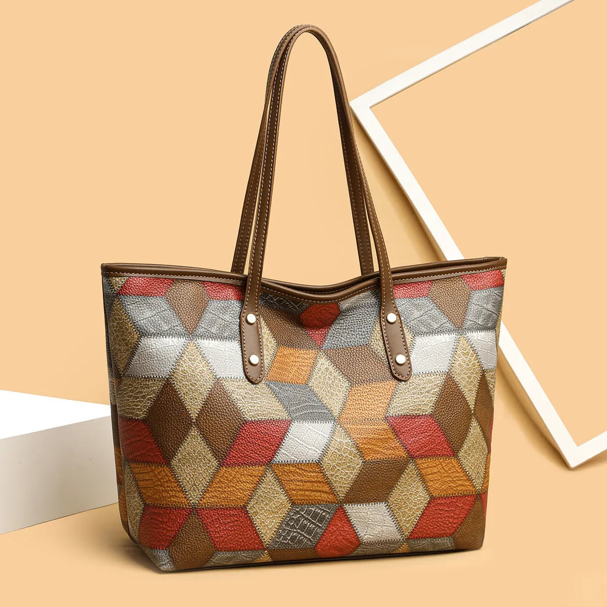 Women's large capacity PVC shoulder handbag in business commute style with sandwich pockets