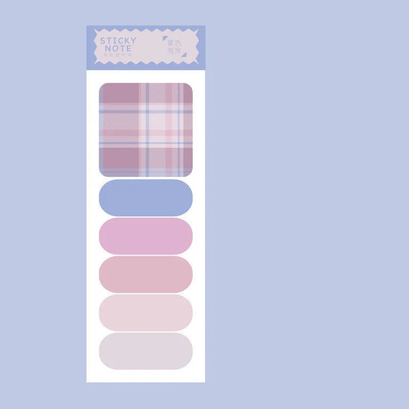 Set of six colourful plaid design sticky note memo pads, each with 20 sheets, showing various solid colours.