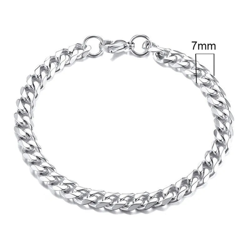 Six-sided Cuban link chain metal bracelet shown in gold, black and steel colour finishes with different width options.