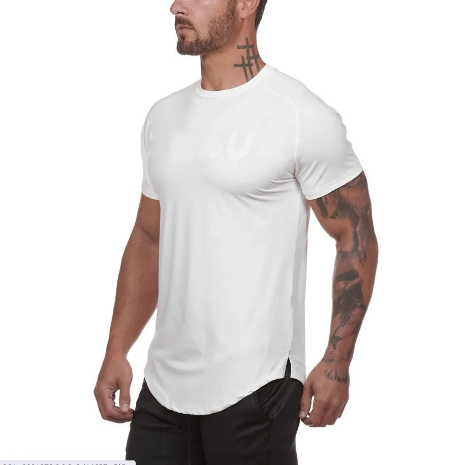 Men's plain gym shirt in cotton-spandex blend available in army green, black, and white colours with size options
