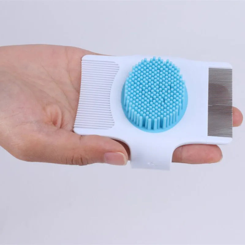 Blue or green multifunctional pet grooming comb with floating hair removal system measuring 8.5cm long