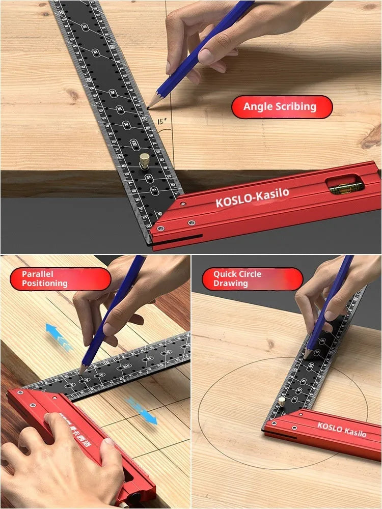 Thick aluminium alloy lineation ruler with multi-angle positioning and scribing holes for woodworking