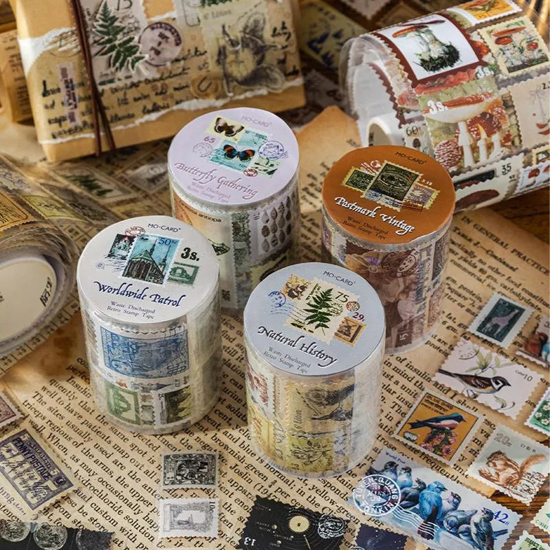 Roll of retro-patterned coated paper stamp for journal decoration, showing butterfly, forest, bird and mushroom design options.