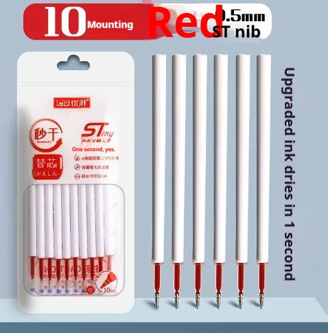 Ten bags of One Second Quick-drying gel pen refill bullets in black, blue, ink blue, and red colours.