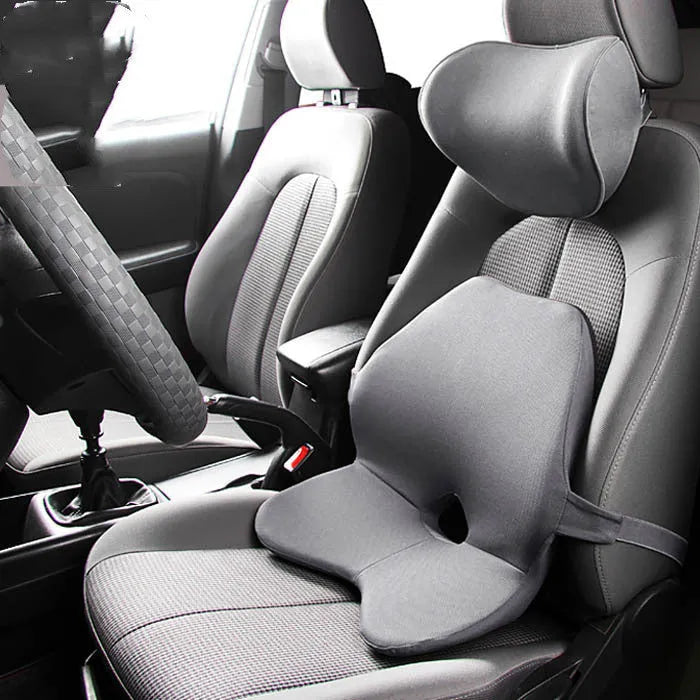 Car memory foam waist cushion with optional headrest in neutral colours for lumbar support while driving