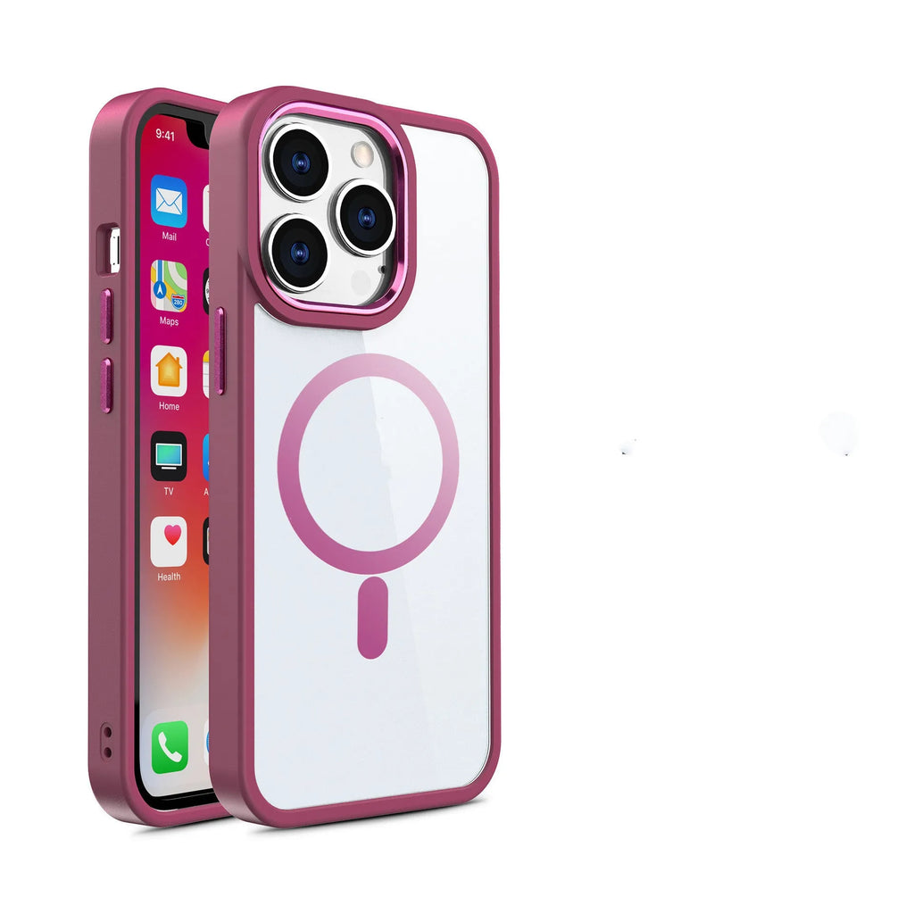Magnetic transparent silicone phone case for iPhone in solid colours like black, blue, green, pink, and red.