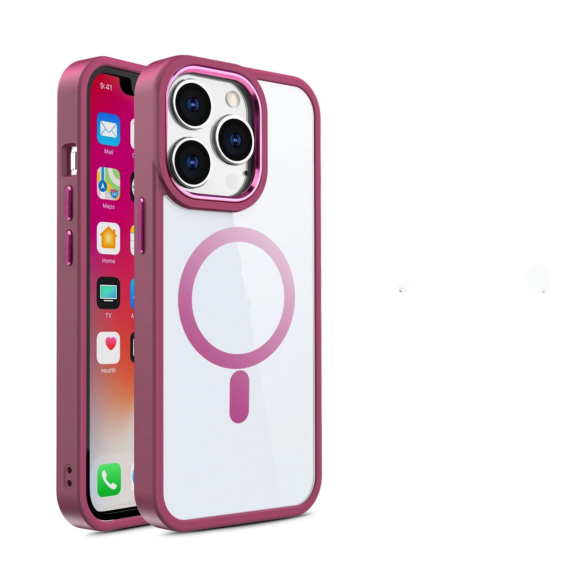 Magnetic transparent silicone phone case for iPhone in solid colours like black, blue, green, pink, and red.