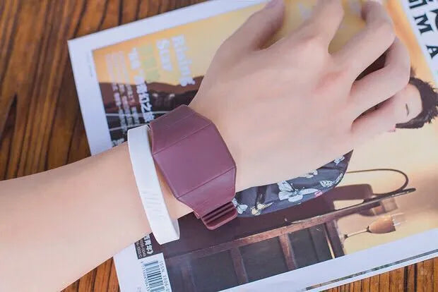 Square electronic watch with touch screen, plastic case, PU strap, and stainless steel buckle in multiple colour options