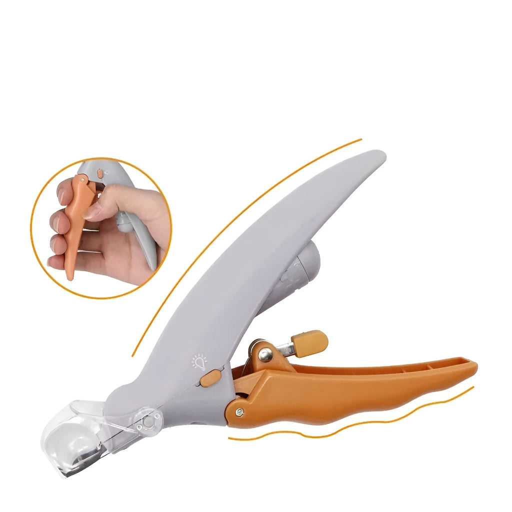 Yellow pet nail clipper with LED light and magnifiable cutting head for dog and cat grooming