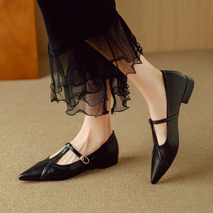 Brown pointed toe low-cut flat shoes with metal detail and soft sole
