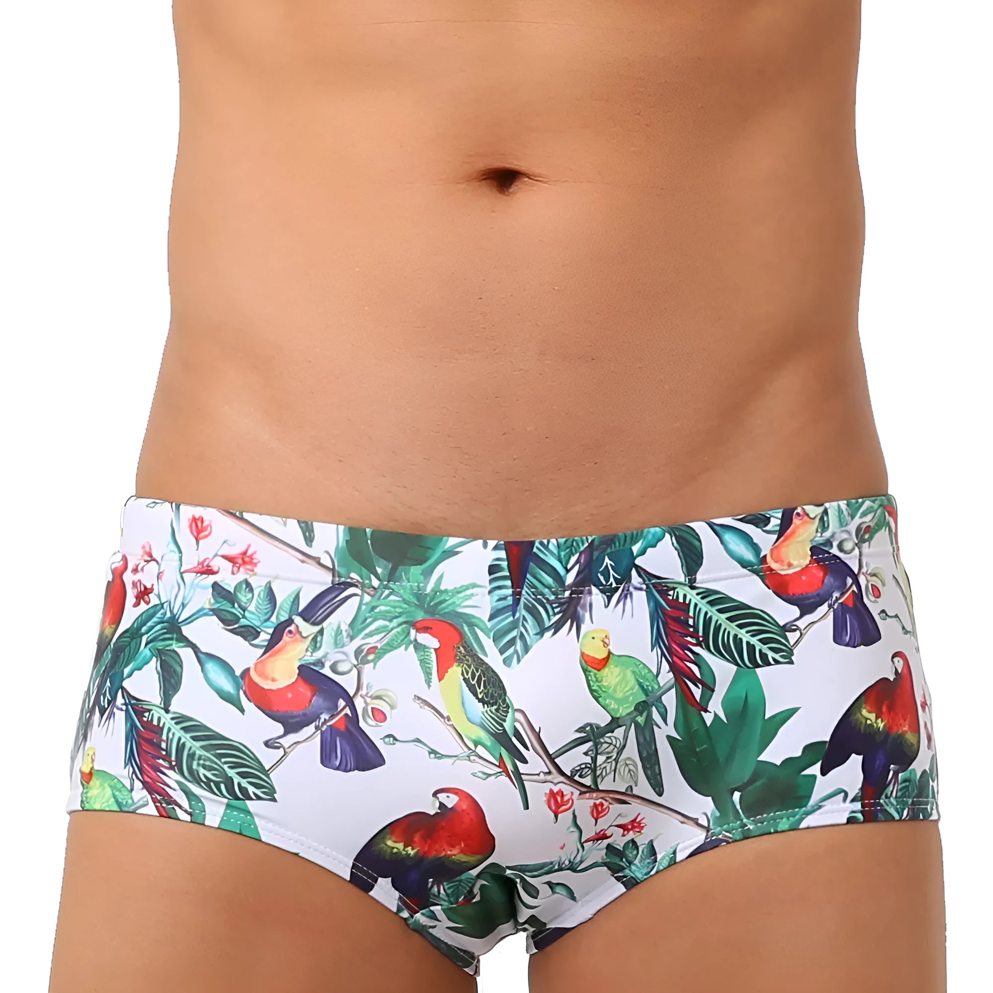 Men's floral and bird print nylon swimming trunks in boxer brief style with cup cover.