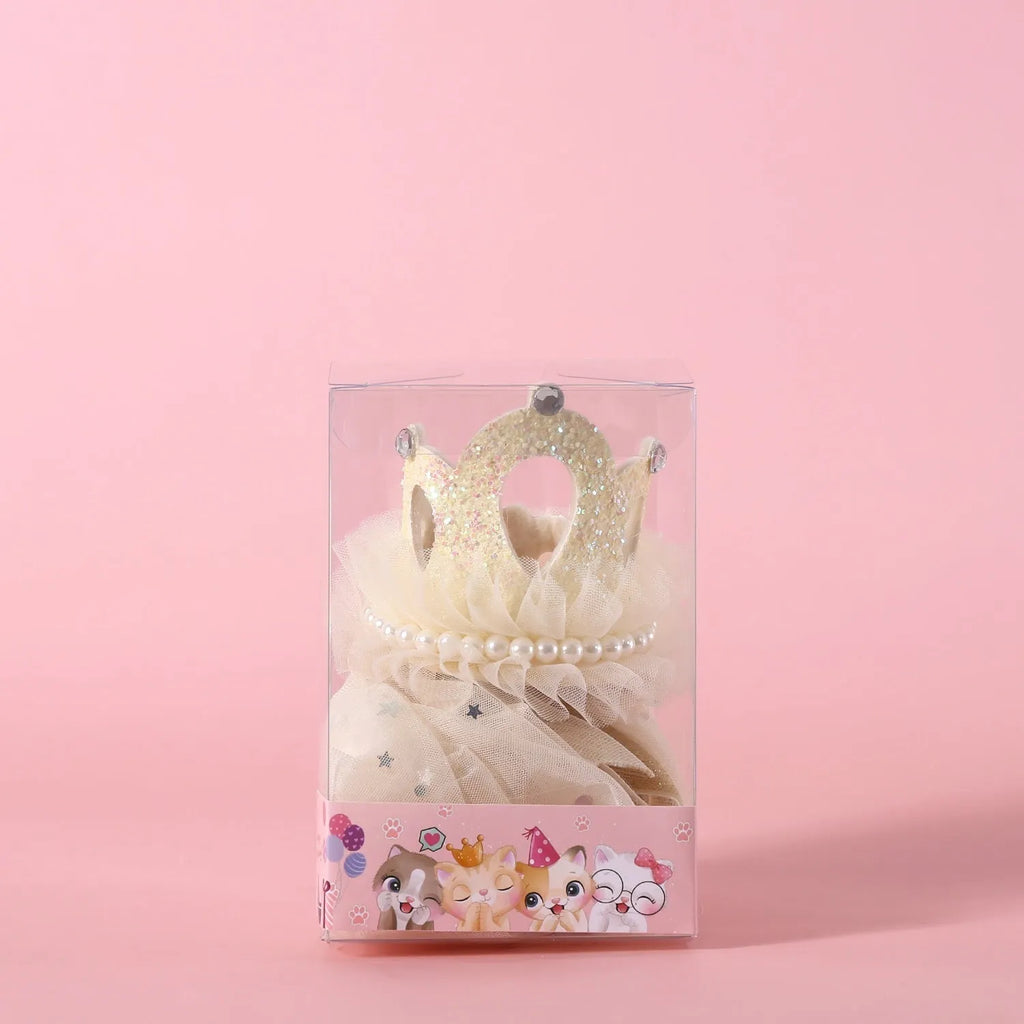 Pet cat wearing princess crown headdress with cotton polyester veil in beige colour