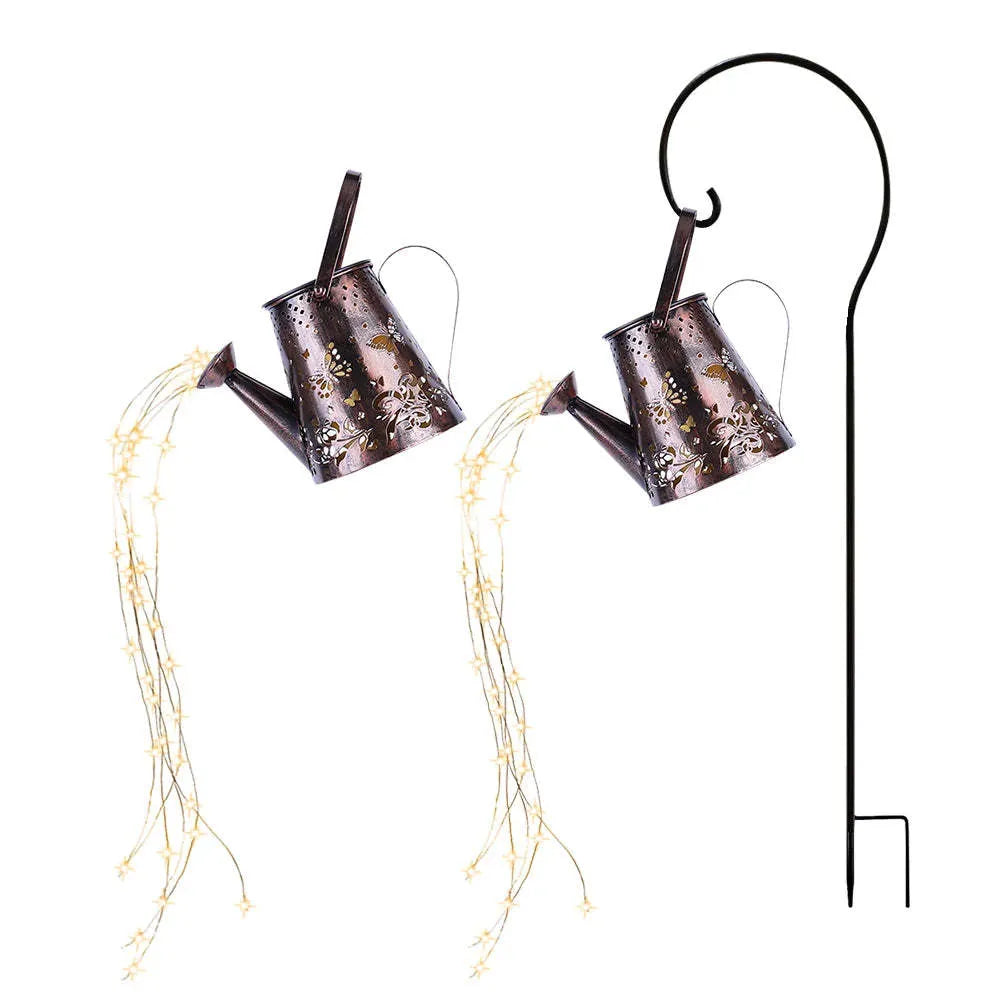 Iron solar garden lamp with tapered butterfly pattern and warm white LED lighting