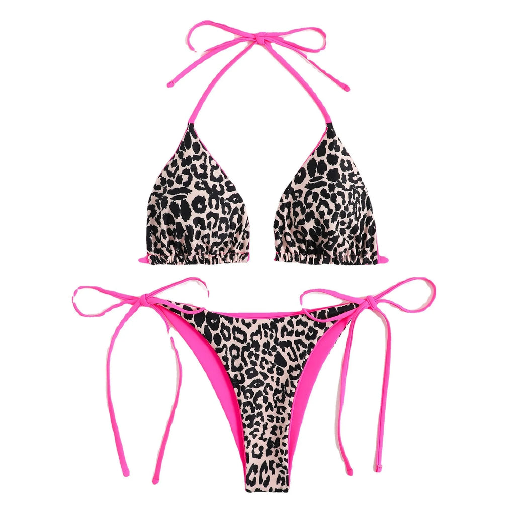 Women's triangle bikini with lace-up front detail on the top, shown in a variety of colours.