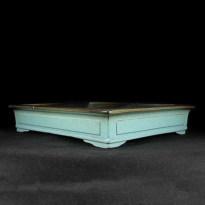 Handmade green ceramic bonsai pot with retro purple sand crackled glaze finish