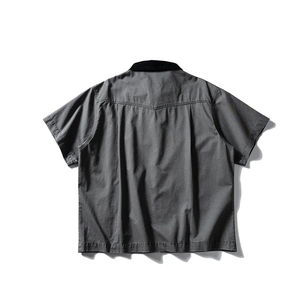 Men's khaki washed cotton overalls shirt with short sleeves in loose cardigan style
