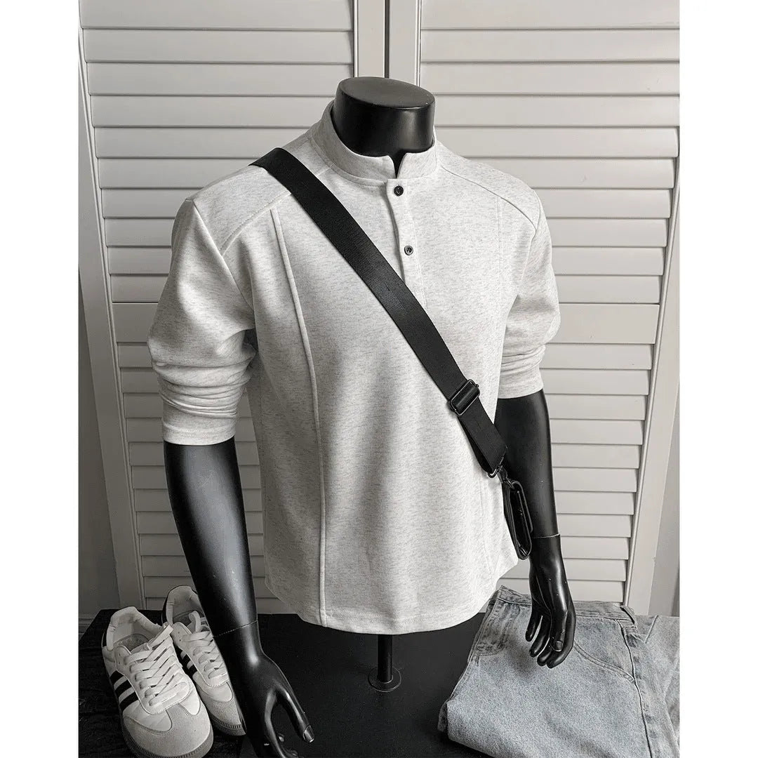 Men's asymmetric patchwork stand-up collar polo shirt in Chinese cotton fabric with loose fit