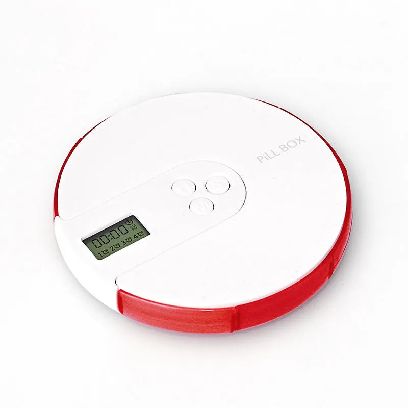 Seven-compartment alarm clock pill dispenser showing front display and storage slots.
