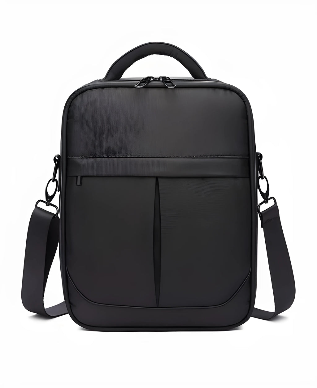 Black men's messenger bag made from Oxford fabric, showing front view with shoulder strap.