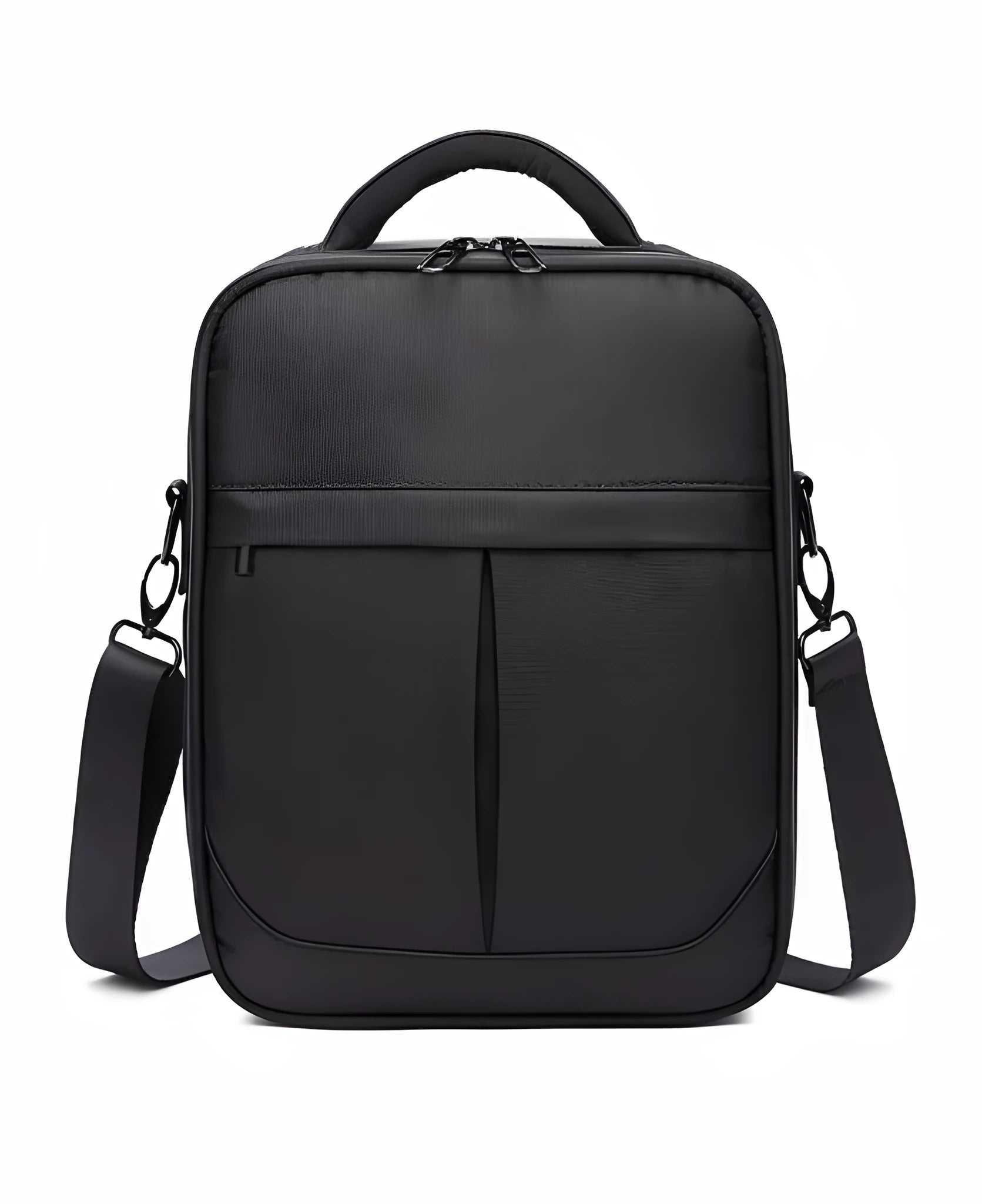 Black men's messenger bag made from Oxford fabric, showing front view with shoulder strap.
