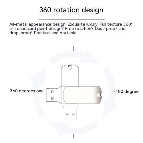 White metal rotary USB flash drive showing compact dimensions and rotating mechanism