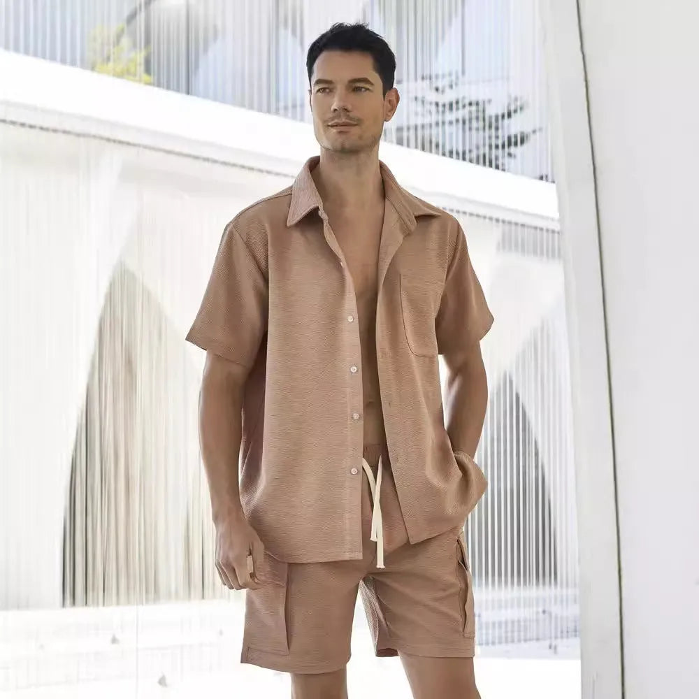 Women's beige short sleeve top and elastic waist shorts two-piece casual set.