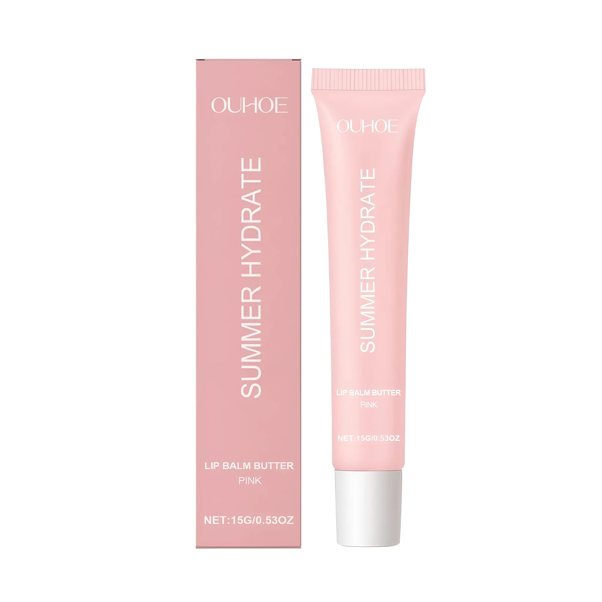 Pink tinted lip balm stick with shea butter and vitamin E formula.