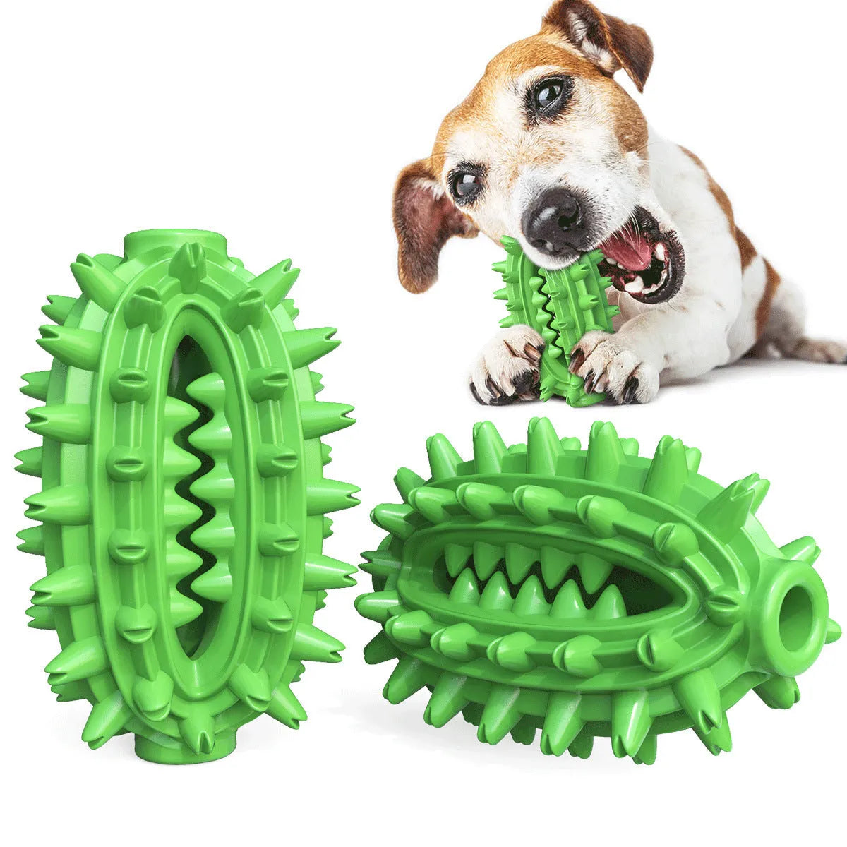 Green and yellow cactus-shaped dog toothbrush chew toy for medium to large dogs.