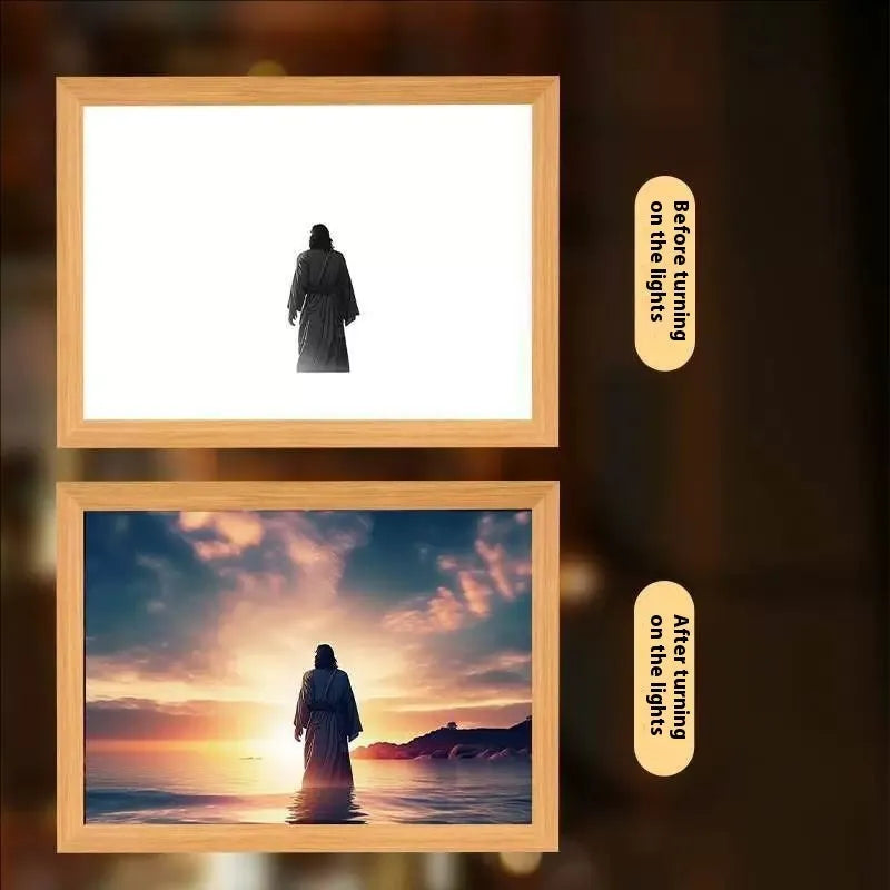 Rectangular LED photo frame light painting showing digital artwork with religious cross design