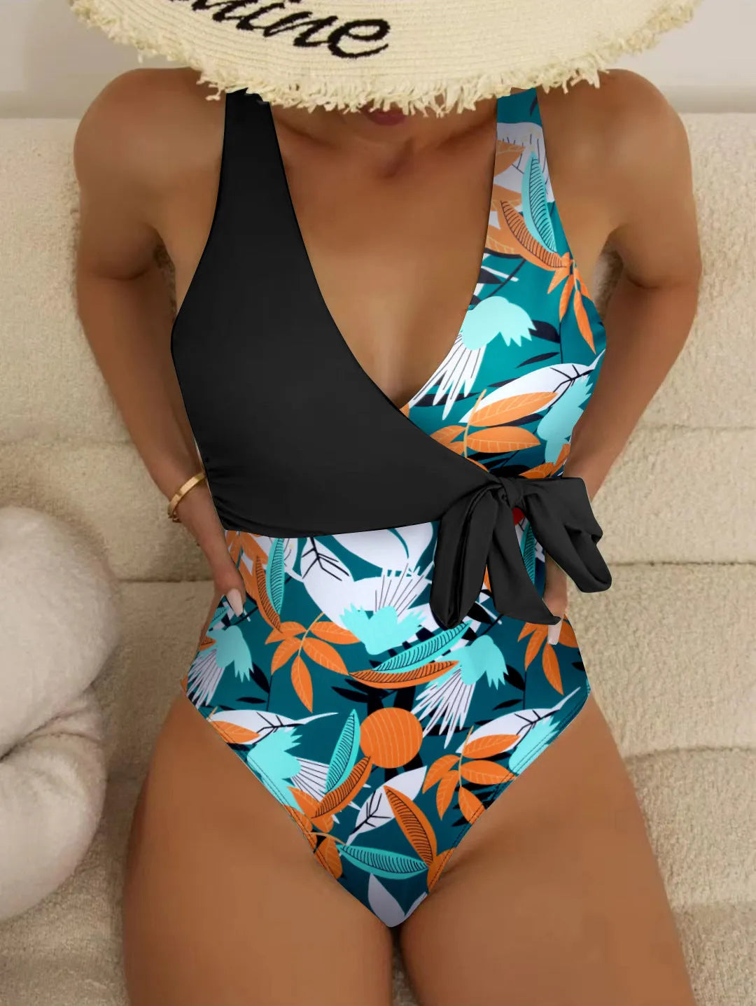 Women's high-waist printed one-piece bikini swimsuit in polyester fabric