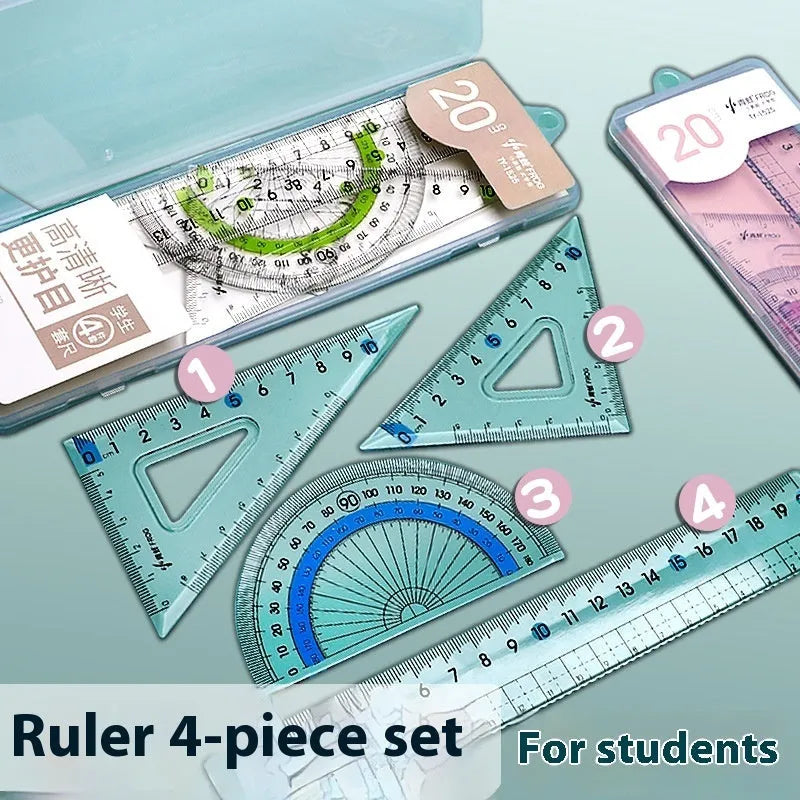 Transparent acrylic drawing ruler sets with square ruler and protractor for geometry and technical drafting