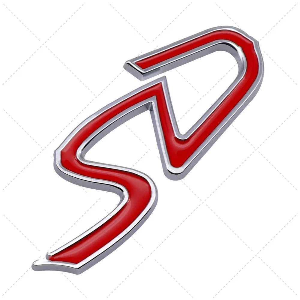 Metal car sticker badge showing SD and D design options in red and silver and red and black colours.