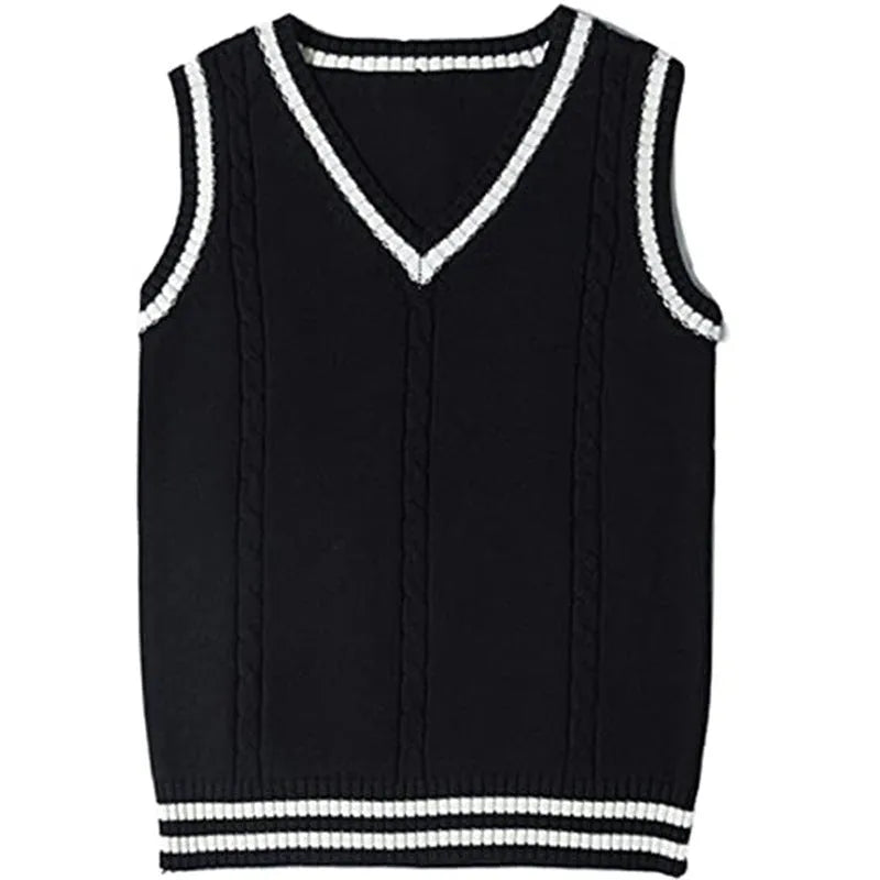 Women's V-neck acrylic knitted sweater waistcoat with striped stitching in slim fit